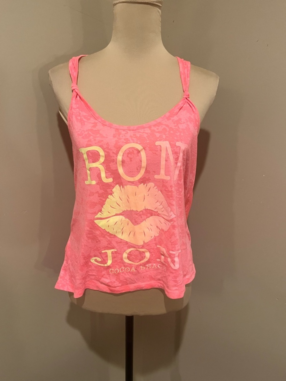 Pink Graphic Knot-Shoulder Tank Top, mesh back, Medium